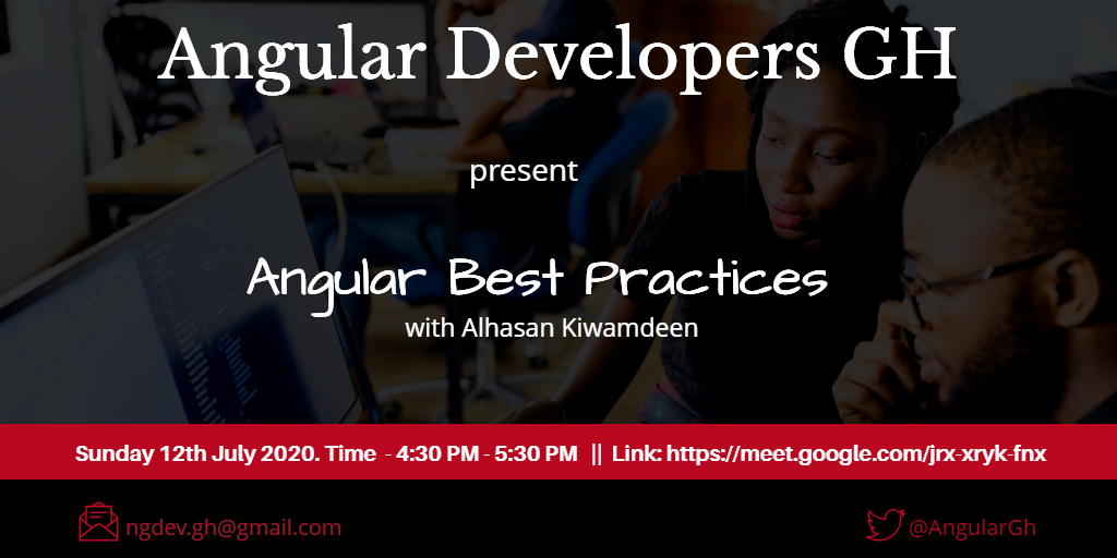 AngularGh's tweet image. Join us in our virtual meet-up for discussions on Angular Best Practices with Alhassan Kiwamdeen. Link: meet.google.com/jrx-xryk-fnx