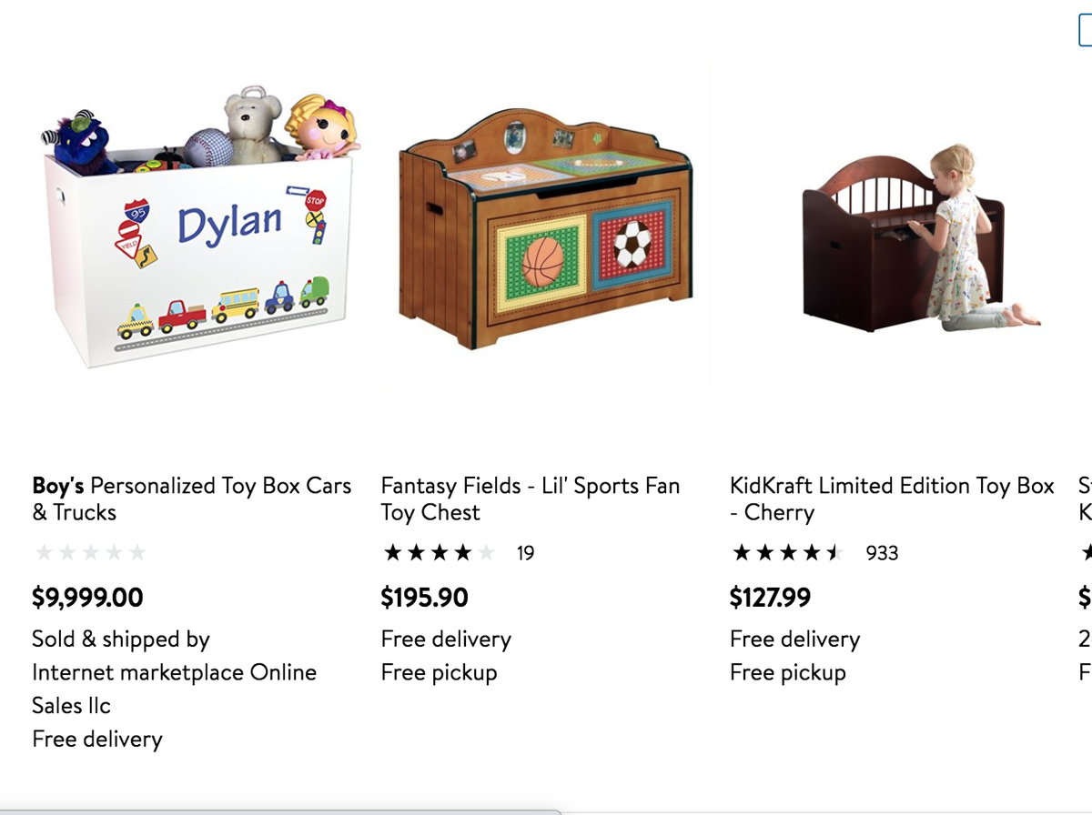 RaMill's tweet image. If you guys are worried about #wayfairtrafficking, you might want to go to Walmart.com and search "boy-s storage" and filter by high to low. There's a random toy chest selling for $10K as of 7/12.