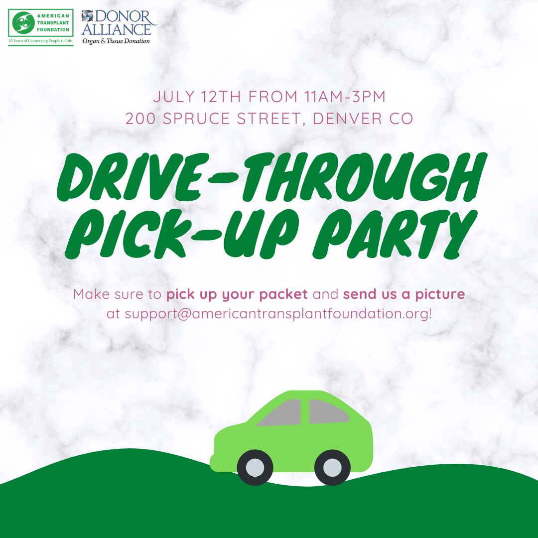 TeamTransplant's tweet photo. Make sure to pick up your packets from 11am to 3pm and send us a picture at today's drive-through pick-up party! Check out https://t.co/t64Qhe7Sc6 for more! #donordash #americantransplantfoundation https://t.co/dNSURGnQ60