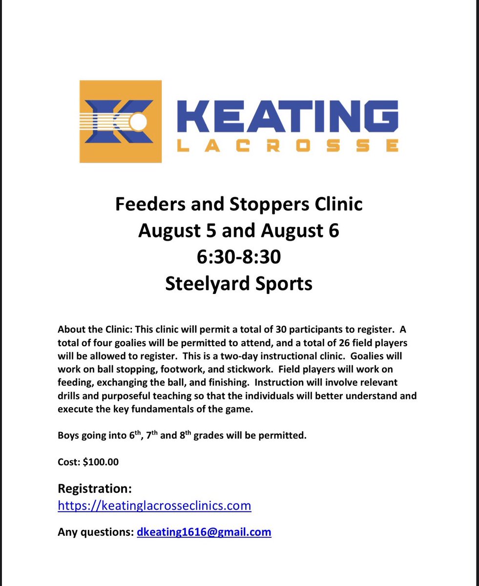 Keating Lacrosse presents feeders and stoppers clinic.
