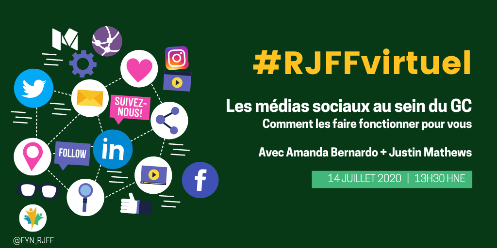 Avez-vous planifié votre semaine ? (pt 1)
Ne manquez pas les sessions à venir de #RJFFvirtuel👇

Le 14 juillet on a <a href="/AmandaBernardo/">Amanda Bernardo</a> + <a href="/JustMath19/">Justin Mathews</a> qui reviennent pour parler des médias sociaux au sein du #GC - comment les faire fonctionner pour vous

🔗forms.gle/yYyUA4V5aW2XvH…