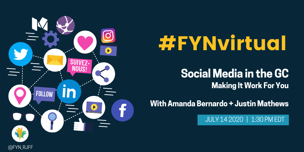Trying to plan your week out? (pt 1)
Check out #FYNvirtual for sessions you won't want to miss 👇

On Tuesday July 14 at 1:30 PM EDT we have <a href="/AmandaBernardo/">Amanda Bernardo</a> + <a href="/JustMath19/">Justin Mathews</a> coming back to talk about Social Media in the #GC + making it work for you

🔗forms.gle/yYyUA4V5aW2XvH…