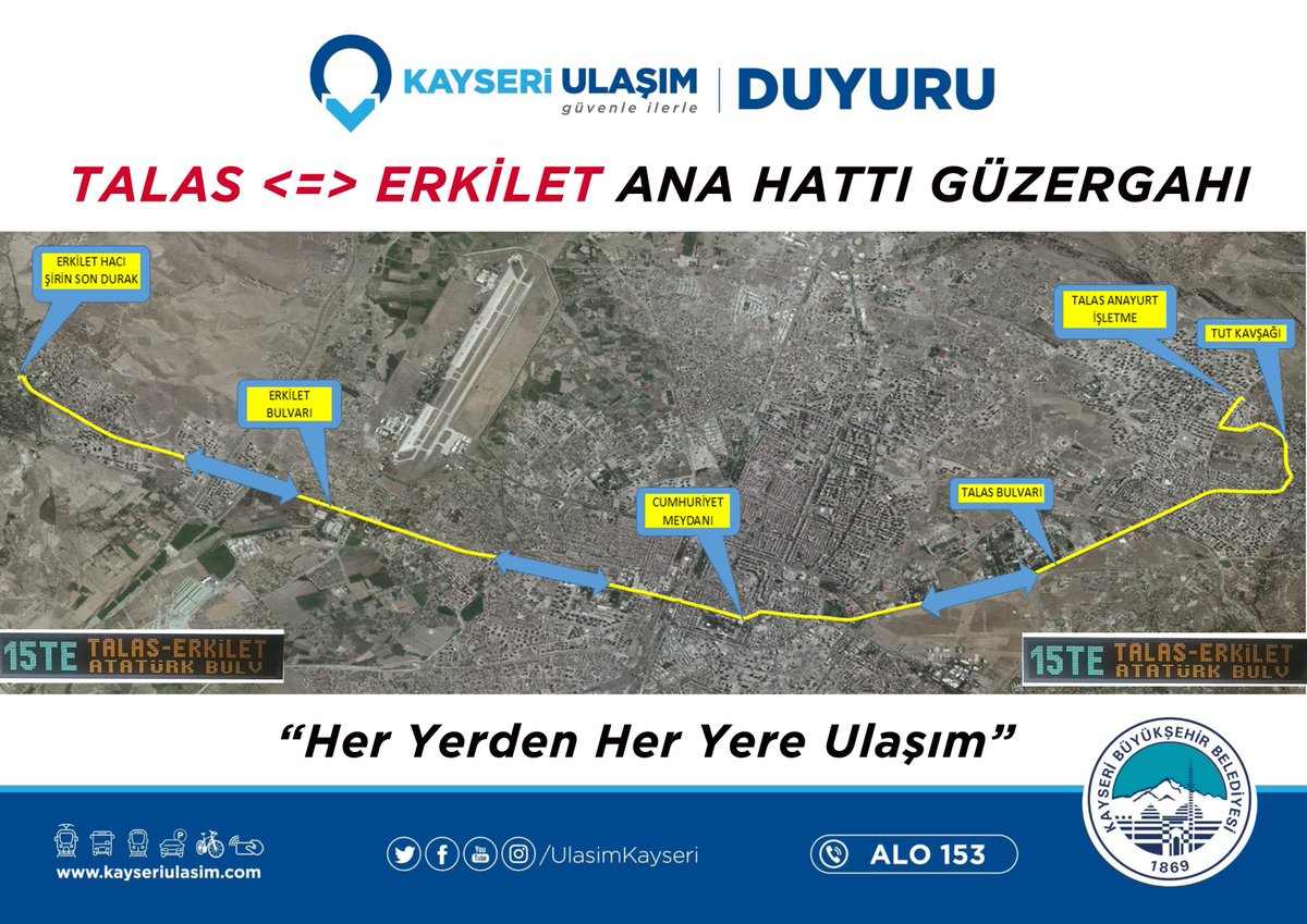 kayseri ulasim a s on twitter duyuru 15te hat kodu ile talas erkiket ana hatti seferlerimiz 13 07 2020 tarihi itibariyle hizmete baslayacaktir seferler hakkinda detayli bilgiye ulasim mobil uygulamamizdan ve linklerden erisebilirsiniz https t