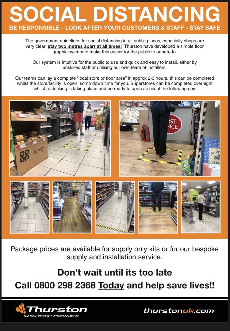 Calling all local businesses in the Southampton area. We can produce all your social distancing signage for those looking to safely welcome back customers. Get in touch via our social media channels or visit ThurstonUk to place an order #supportlocal #SocialDistancing