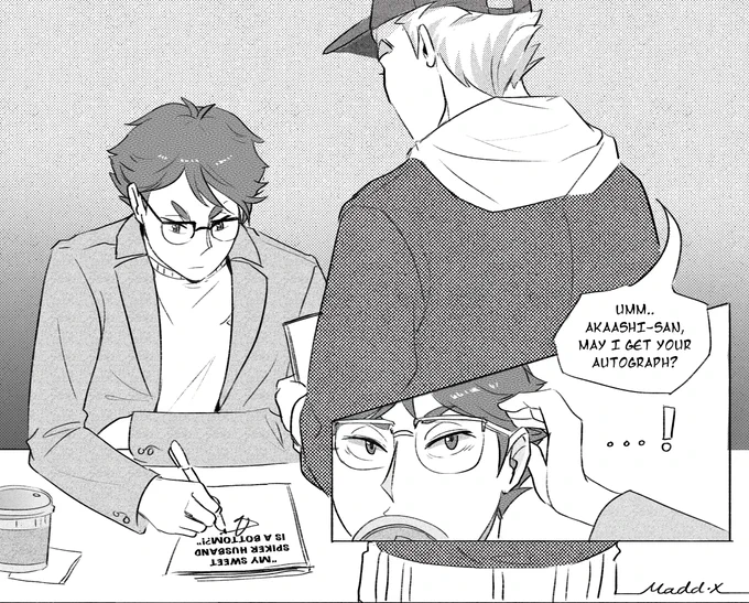 May I have your autograph? ✨ (1/5)

(Akaashi is a BL manga artist &amp; Bokuto is a pro volleyball player AU by @beefyjackal ?) 
