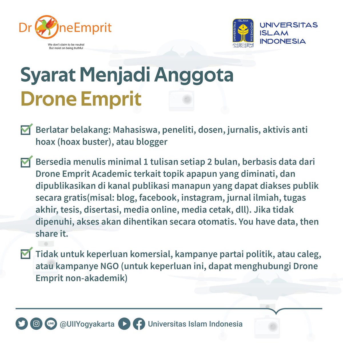 UIIYogyakarta's tweet photo. Nah, media analytics memang sudah ada banyak di Indonesia. Namun, yang menyediakan akses free hanya ada satu yaitu Drone Emprit.

Ingin tahu lebih banyak mengenai drone emprit? Langsung akses deh di situs web https://t.co/9q94Gbrw82

#TriviaUII
#DroneEmpritUII
#FTIUII https://t.co/ncVbpsxjdY