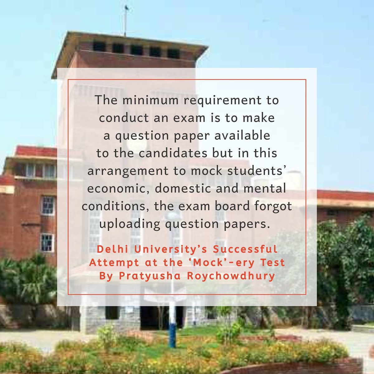 Tarseel1's tweet photo. Delhi University’s Successful Attempt at the ‘Mock’-ery Test
By  Pratyusha Roychowdhury @tisha0403

Read it on the Blog 👇
https://t.co/gHPH7f5aMB

@ugc_india 
#NoExamUGC #NoExamMHRD #CancelExamsInCovid
#DUagainstonlineexams #delhiuniversity #scrapOBE #duagainstobe https://t.co/ZwYrcfyTRM