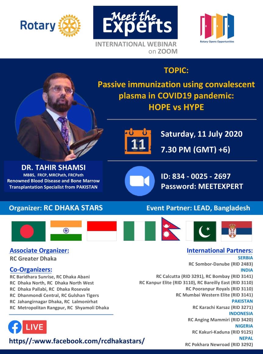salmanbelieve's tweet photo. Dr Tahir Shamsi 🇵🇰 #NIBD🩸
Rotary Club
“MEET THE EXPERTS“ 
An International Webinar was conducted on Passive Immunization using Convalescent Plasma during #Covid_19 Pandemic with Dr.Tahir Shamsi,discussing the Hope vs Hype Reality of the treatment. 
Link👉https://t.co/dDK1RIgi3o https://t.co/X0mxfH0e4k