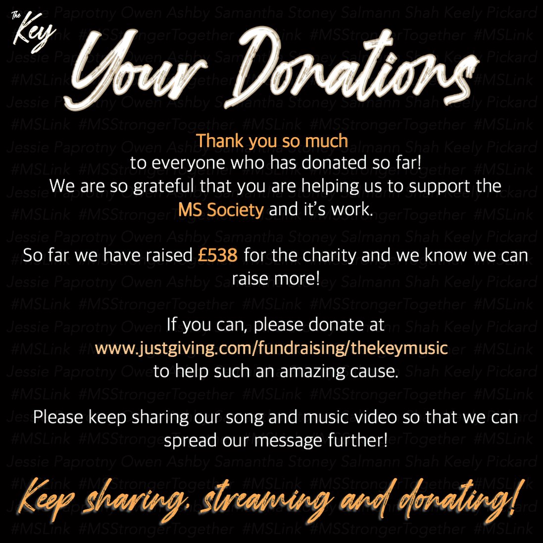 MusicThekey's tweet photo. We are overwhelmed by the support we have received from everyone! 

Please, if you can, donate at https://t.co/0VoqATD5bE and keep sharing our song and music video! 

Thank you🧡

@mssocietyuk @covblazehockey @scott_mills @jdfreeradio @JohnDalziel https://t.co/U3oIoMd6aB