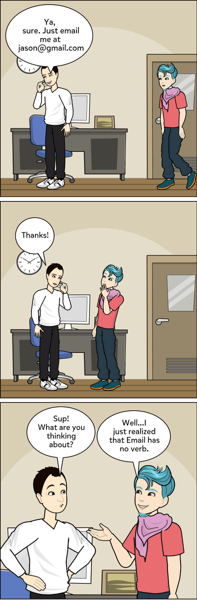 firesofmay's tweet photo. #JasonAndFried Hey Adventures: #02: Email has no verb
In this episode, Fried discovers that there is no verb for emails.
We say #Dunzo_It, #Google_It, #Insta_It, etc.
But #Email_It? π€
cc: @heyhey @jasonfried https://t.co/hpVVebLEuh