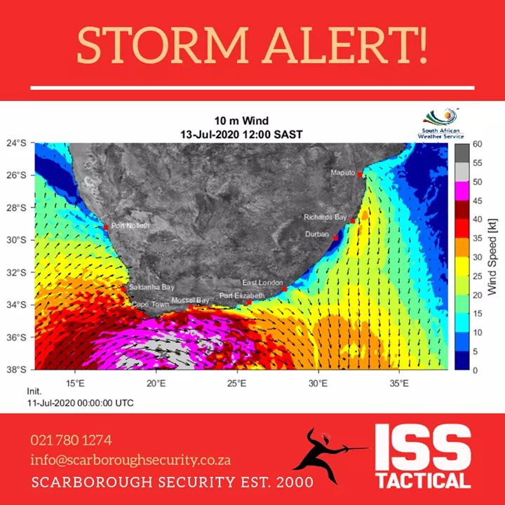 IssTactical's tweet image. #StormAlert
Expect strong winds, big seas and heavy rain from midnight through Monday.

Emergency Numbers:
@CityofCT: 107 / 021 480 7700
@IssTactical: 021 780 1274 / 083 427 8571
@NSRI Simon’s Town: 082 990 5965
@NSIR Kommetjie: 082 990 5979

#CapeStorm #StaySafe #WeCare