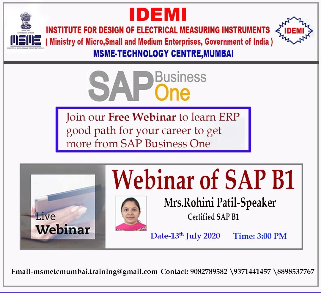 idemitc's tweet photo. Join our free Webinar on July 13,2020 at 3 pm to learn ERP. Good path for your career to get more from SAP Business One.

Link for meeting 

https://t.co/pkgbxSBU8d

#IDEMI @minmsme @anil_marali @SAPBusinessOne @SAPIndia #BharatERP #GrowwithSAP #SAP #SkillIndia https://t.co/gZuofaMhm8