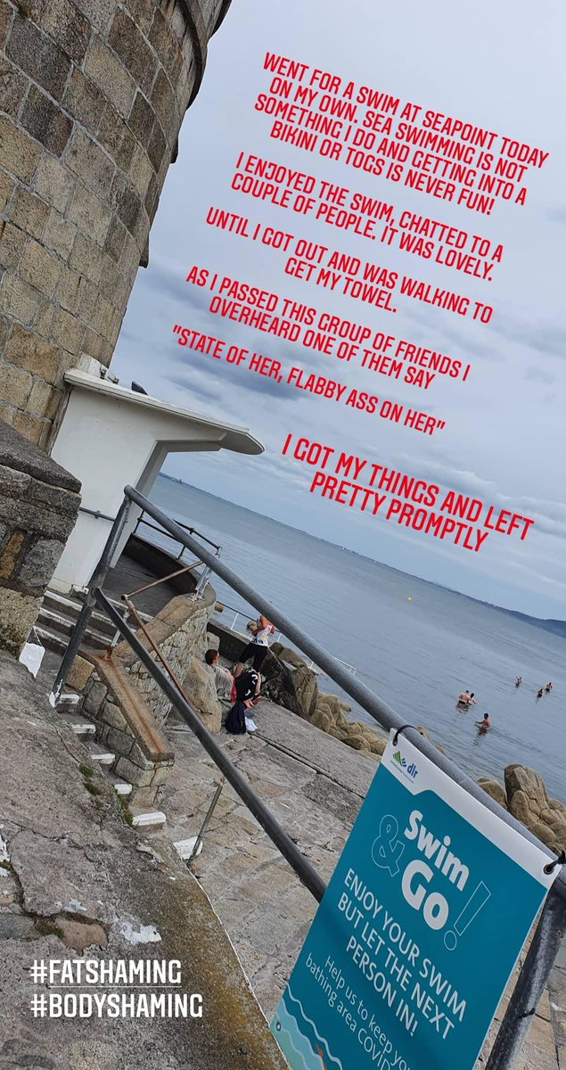 RuthyMcD's tweet photo. Went for a swim in Seapoint after the gym and had my day ruined by some girl fat shaming me as I got out of the sea.

I was on my own, minding my own business.

What is wrong with people?

#bodyshaming #fatshaming https://t.co/Bq7Gk2Me63