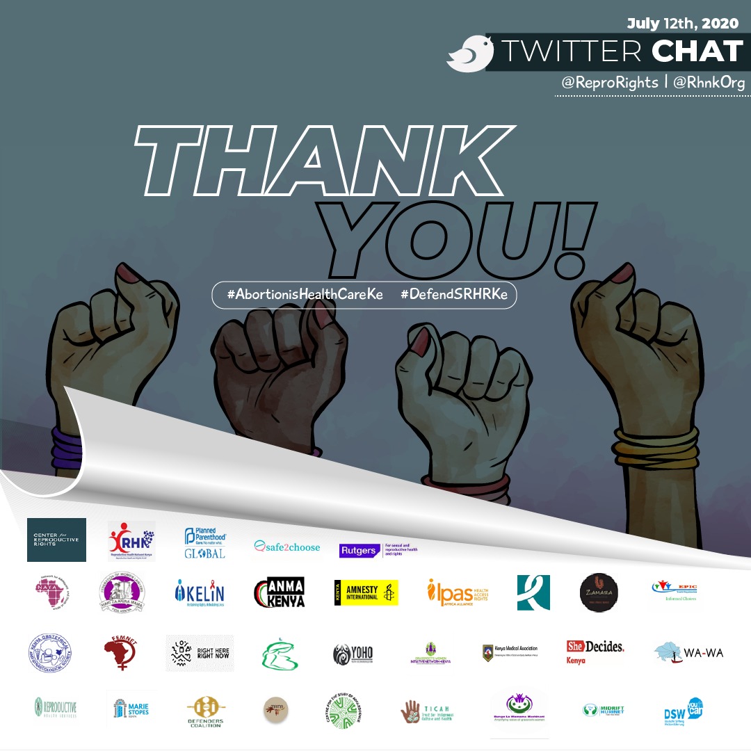 rhnkorg's tweet photo. We've come to the end of our #AbortionIsHealthCareKe twitter chat today! The conversation however continues online and offline until every woman and girl is safe. Thank you @ReproRights for hosting us today, Asante Sana our partners for participating and making this a success! https://t.co/0H1vLrkjaJ