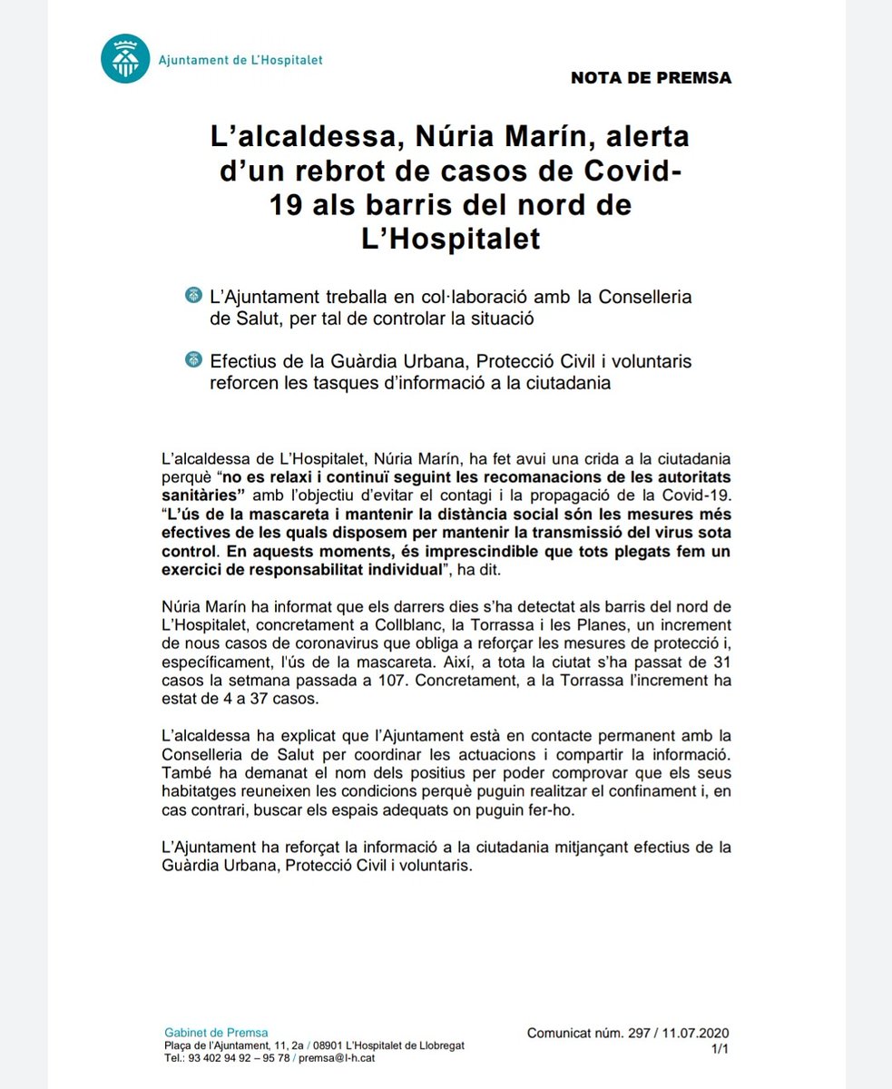 Us fem arribar un comunicat de l'alcaldia. 
Os hacemos llegar un comunicado de la alcaldía.