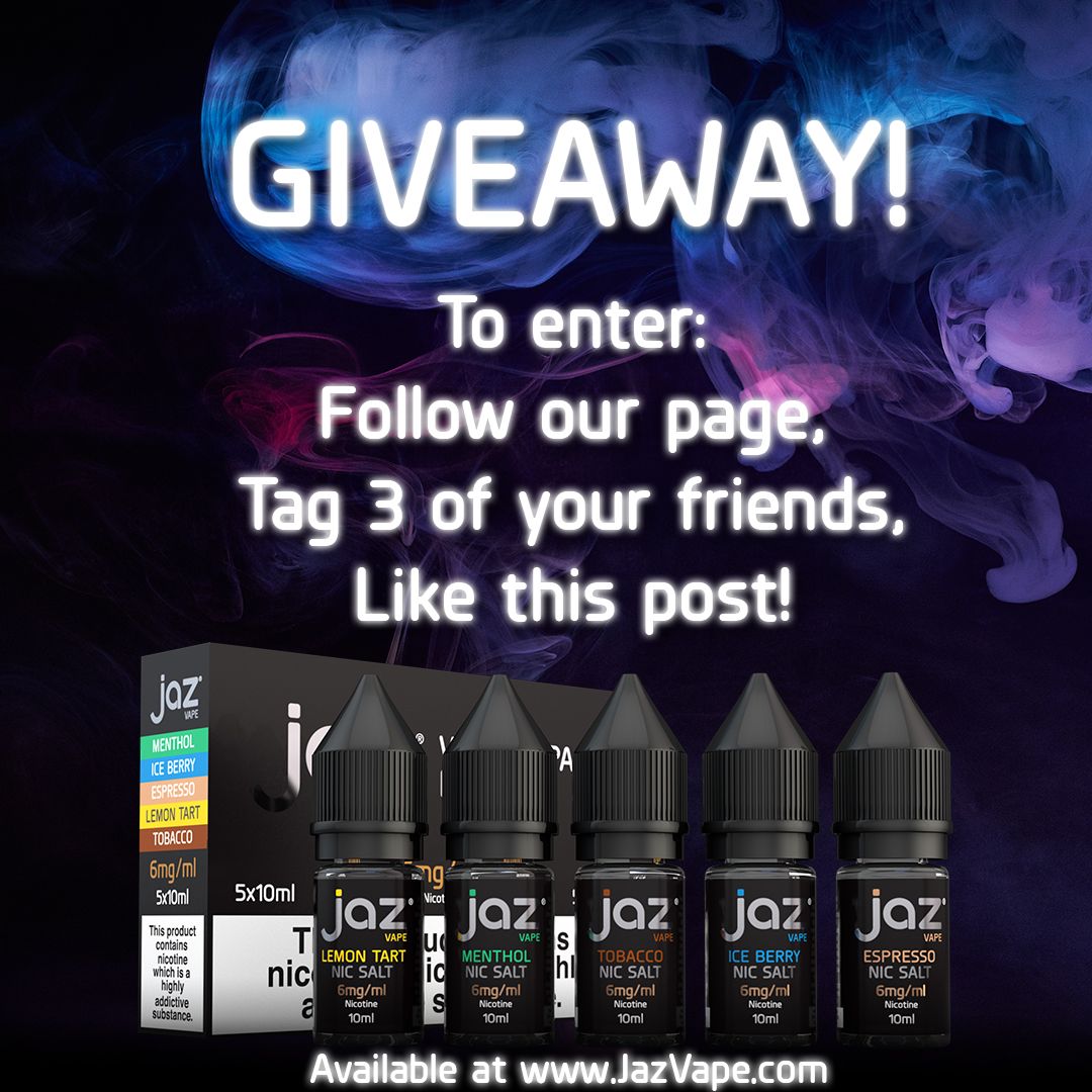 JazVape's tweet photo. Giveaway! For your chance to win a pack of 5 x10ml of your favourite e-liquid follow our page, tag 3 of your friends and like this post!⠀
Ending soon! https://t.co/Jbh444GRjG