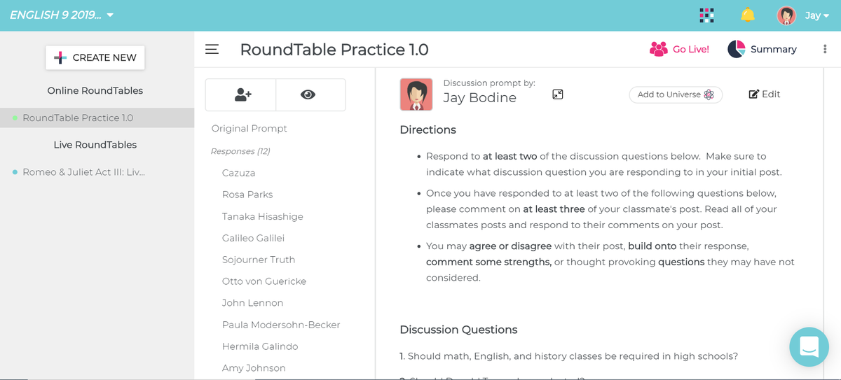 jay_bodine's tweet photo. Parlay was a great collaboration and communication tool that was used in my classroom during remote learning to still hold meaningful discussions and target one of our primary standards in English 9. @parlayideas @JennyLehotsky #edtechusf675 https://t.co/Uxs49jBBjk