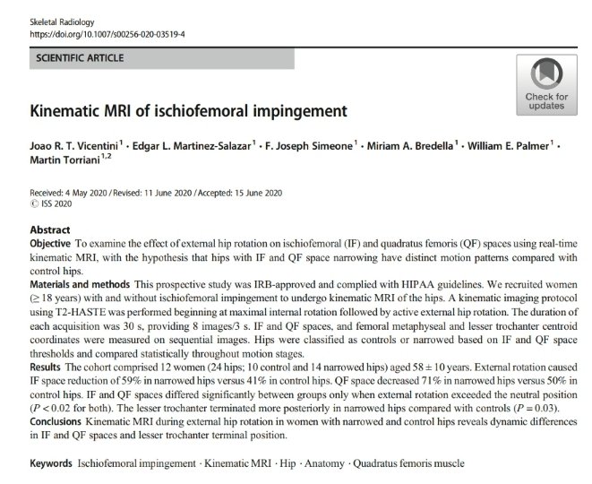 atultanejamd's tweet photo. Great paper by Torriani and @BredellaMD from @MGHImaging on dynamic MR study for IFI. Highly recommended: https://t.co/7fwWCaB7mw @intskeletal @SkeletalRadiol 
#Hip #hipsurgery #hipimpingement #ischiofemoralimpingement #hipmri #arthroscopy https://t.co/BKFZVLAdDf