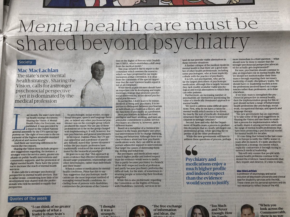 Really important piece by Mac MacLachlan @MUpsychdept challenging the entrenchment of medical model in #SharingTheVision & the need to include professions beyond psychiatry #WeHSCP