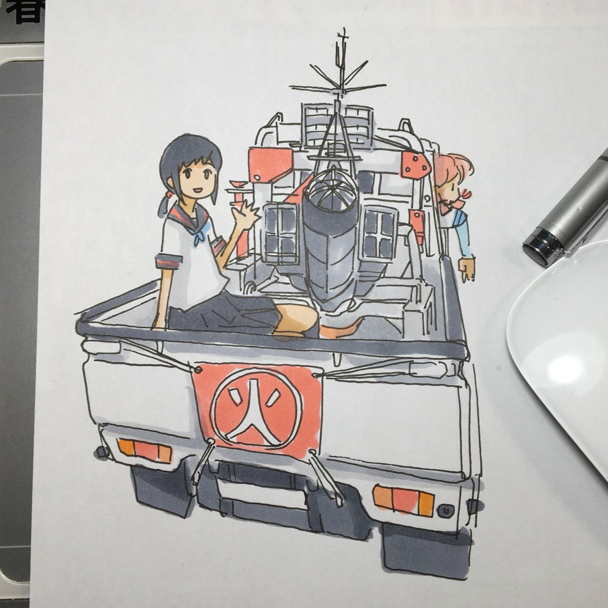 明石(艦これ) ,吹雪(艦隊これくしょん) 「うちは軽トラに架台を付けてみました 」|ひじからのイラスト