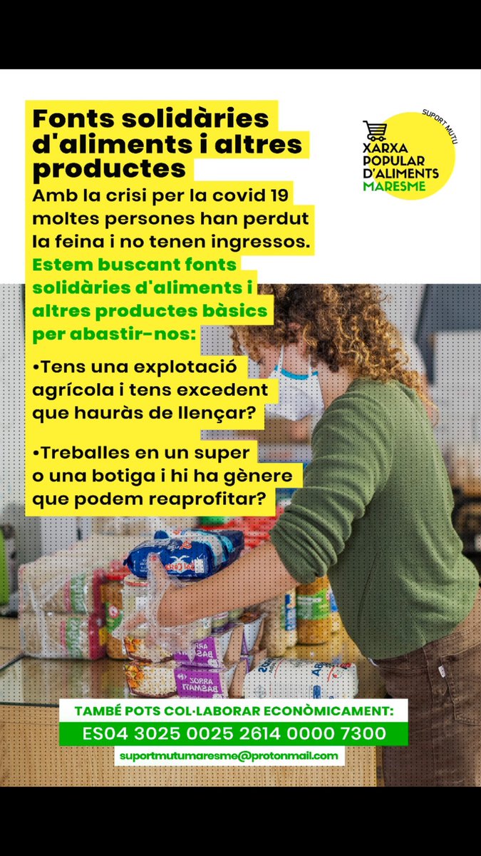 Mansuetsdefoc's tweet image. 🔴Per seguir omplint les caixes d'aliments per a les persones afectades per la COVID 19 que no tenen ingressos
▶️Els Mansuets de Foc volem fer difusió de la Xarxa Popular d'Aliments del Maresme amb els seus punts de recollida d'aliments
👇🏽👇🏽👇🏽