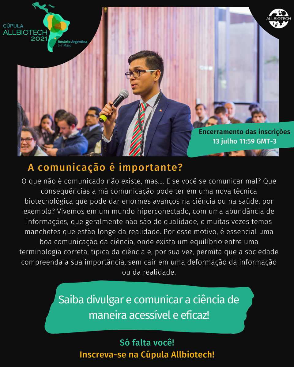 Inscreva-se para participar da Cúpula #ALLBIOTECH, onde discutiremos como tornar a comunicação eficaz para o público em geral, qual o papel dos #comunicadores e #jornalistas, quão importantes são as redes sociais no mundo de hoje e como lidar com o bombardeio de em formação.