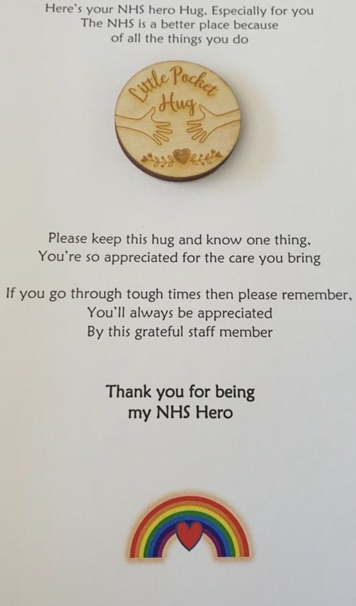 niamhmcp06's tweet photo. During #COVID19 I’d been hearing about staff @NELFT being awarded pocket hugs. People told me that they carry them with them and look at them on hard days. The mystery hugger has been unveiled so I wanted to say a big #ThankYou to @debbie_feetham for your kindness 💙💚💛❤️🧡💜 https://t.co/95f8uzYbdY