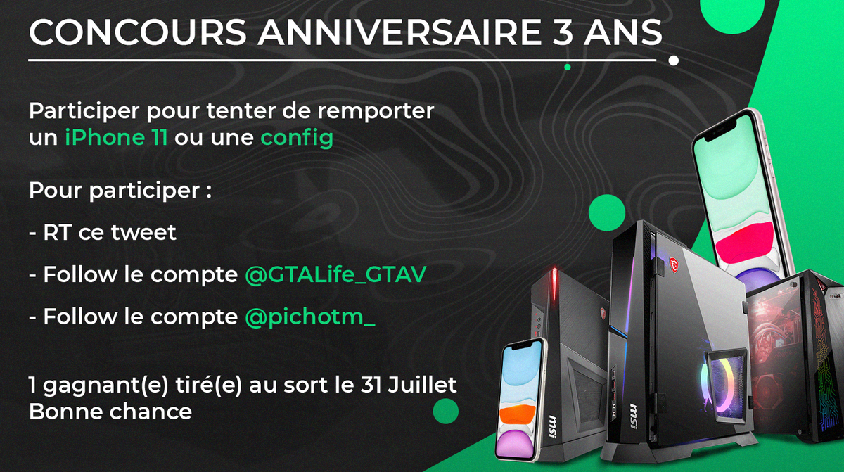 🎁 Concours anniversaire des 3 ans GTALife! 🥳 Tentez de gagner un iPhone 11 ou une config à un prix équivalent 📱 💻 Pour participer : ✅Follow @GTALife_GTAV et @pichotm_ 🔁 #RT ce tweet 🗓 TAS le 31/07 - Bonne chance à tous🥰 #Concours #GTALife