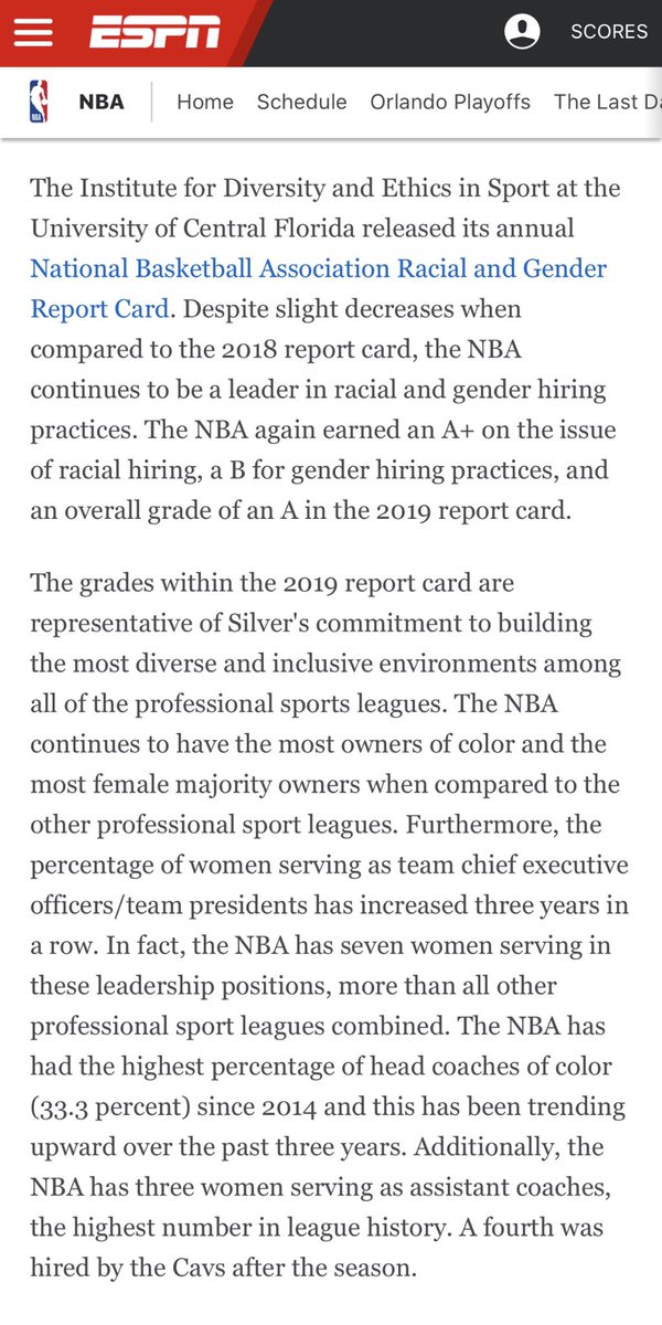 Similarly, he frequently uses the racial demographics of the NBA as a way to combat arguments of racial inequality.  @UCF gave the  @NBA an ‘A’ grade overall in their 2019 report card because of their “commitment to building the most diverse and inclusive environments” (ESPN).