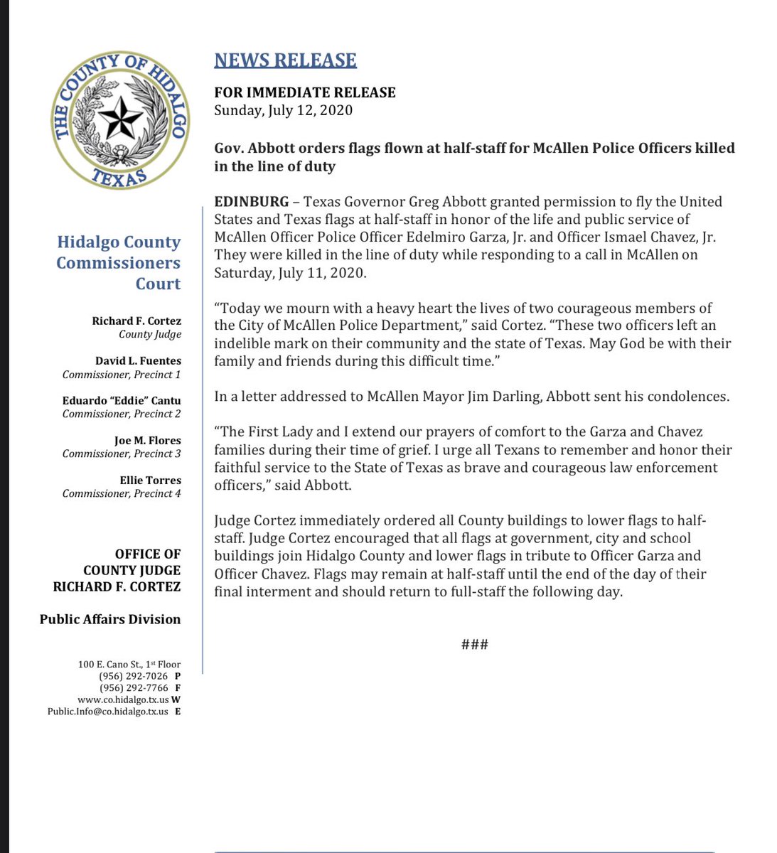 DMontezNews's tweet photo. Texas Governor Greg Abbott granted permission to fly the United States and Texas flags at half-staff in honor of the life and public service of McAllen Officer Police Officer Edelmiro Garza, Jr. and Officer Ismael Chavez, Jr. https://t.co/iemh882avF