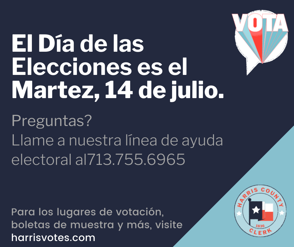 HarrisVotes's tweet photo. Election Day for the Primary Runoff Elections is Tuesday, July 14. You can vote at any location in Harris County, and polls will be open from 7AM to 7PM. 

To find a polling location and what's on your ballot visit https://t.co/UnDVEDlunk. #HarrisVotes https://t.co/tkguPcoAhw