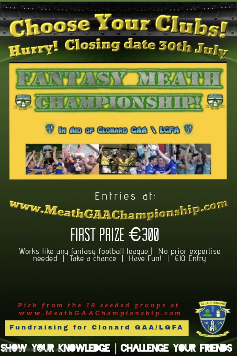 ClonardGaaMeath's tweet photo. Test your knowledge of Meath Club football and hurling. Get your entry in now with a chance to win €300 first prize. Includes the 3 football championships, senior hurling and senior ladies. https://t.co/hOaEtGZJoi @MeathGAA @HSmeath @MeathSports https://t.co/QBNQG1daRZ