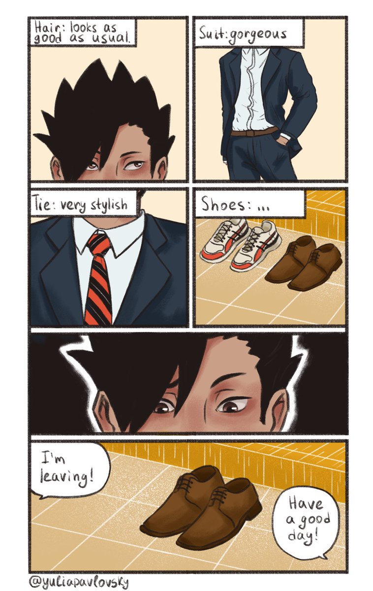 He's finally here!!! 
#KurooTetsuro #kuroo #Haikyuu401 
I know he can't wear leather shoes on the court but I find funny that he wears fancy-pants suit and volleyball sneakers 