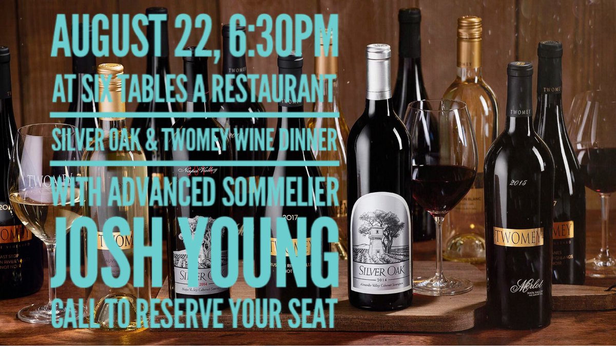 tables_a's tweet photo. Looking for something cool to do on a hot August night?  Six Tables is hosting a wine dinner featuring Silver Oak &amp; Twomey Cellars.  To maintain social distancing, seating is extremely limited.  Call us for reservations.  #wine #winedinner #silveroak #twomey #finedining https://t.co/ZfRwoKY3iz