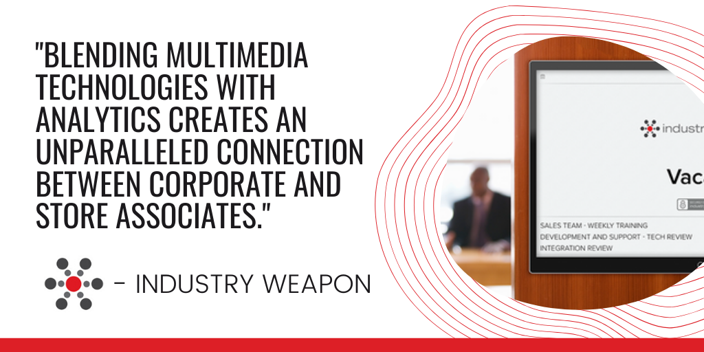 IndustryWeapon's tweet photo. Blending multimedia technologies with analytics that track, measure, and automate business information creates an unparalleled connection between corporate offices and store associates

#inspireaction #digitalmedia #signagemadesimple https://t.co/1EsjeHMYec