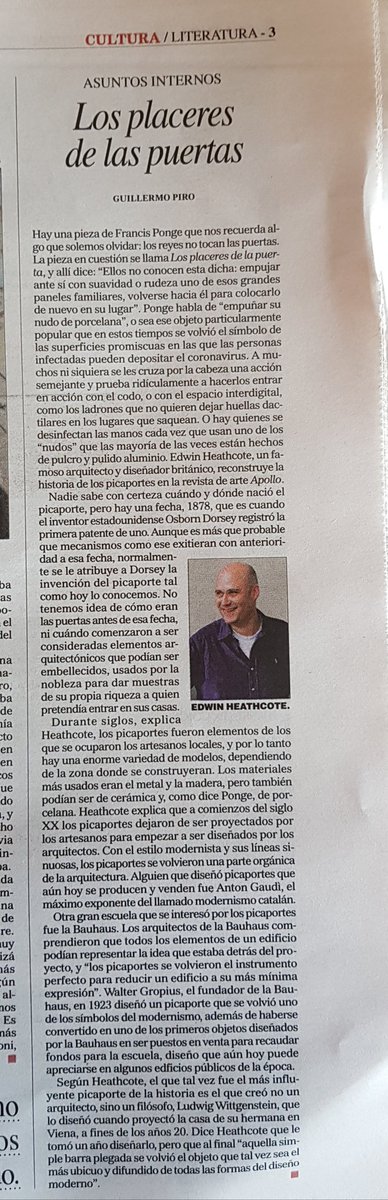 drinaldioficial's tweet photo. Interesante la columna de Guillermo Piro en @perfilcultura @perfildiario acerca de la historia de los " picaportes" que hoy para algunos pueden ser posibles "contagiadores" 
@gogol https://t.co/nd15ycISmq
