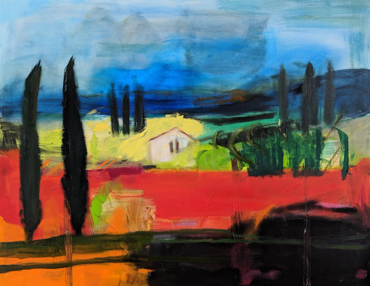 LouiseD_etcher's tweet image. Feels like ‘Spanish Heat’ today. Oil on canvas. 76 x97cm ( see my website) thinking of holidays! #oils #canvas #paintings #originals #spain #colour #markmaking #londonartist #britishpainter #fineart #landscapeart