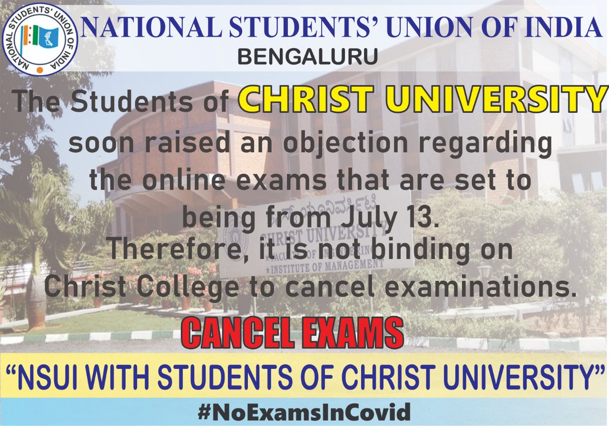 NSUIKarnataka's tweet photo. Karnataka Govt canceled all the exams and promoted intermediate semester students. @drashwathcn do you think students of @ChristBangalore is different from any other student?
Ensure equal justice to all the students across the state.
#NoExamsInCovid
#christuniversity_cancel_exams https://t.co/YYYmdnCybi