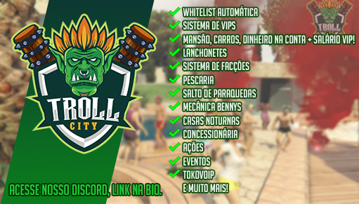 trollcityrp's tweet photo. Venha participar do servidor Troll City, possuímos diversos benefícios in game para você!

Marca @trollcityrp !

Link: https://t.co/SDl6RXR0Zc

#trollcityrp #trollteam #rp #roleplay #rpbr @tavernadostroll @trollteamsports https://t.co/TYjSdjHHK1