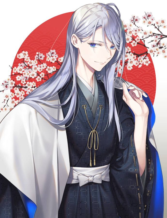 1boy male focus blue eyes japanese clothes solo long hair kimono  illustration images