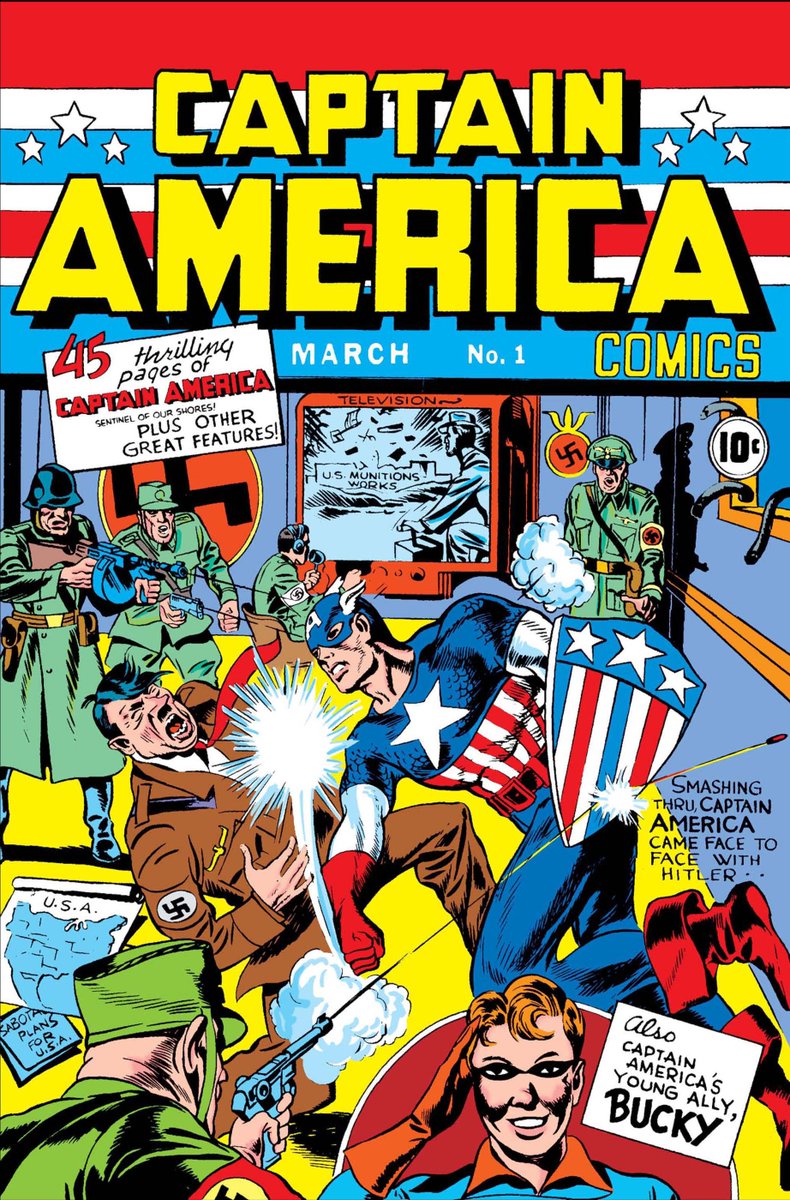 From this week's podcast on the history of comic books: In early 1941, Timely Comics (precursor to @Marvel) published the comic book Captain America #1 featuring the star-spangled hero punching Hitler in the face. (1/7) bit.ly/3fnyWX0
