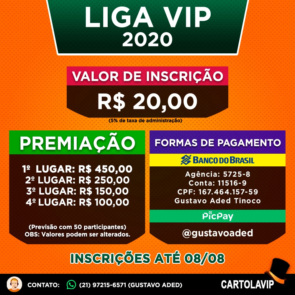 CartolaVIP's tweet image. Fala, galera!

Falta pouco menos de 1 mês para a volta do nosso querido Cartola, que terá início dia 9 de agosto.

Sendo assim, está de volta nossa tradicional LIGA VIP. As inscrições já estão abertas e podem ser feitas através do Whatsapp da imagem ou via direct.