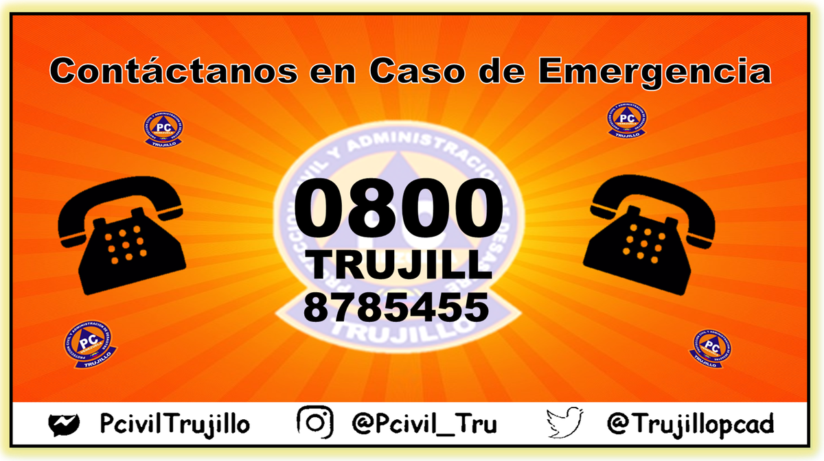 trujillopcad's tweet photo. #12Jul En caso de cualquier evento adverso no te olvides de nuestro numero de Emergencia el 0800-Trujill si 0800-8785455, que de inmediato nuestros analistas te atenderán y te enviaran la ayuda necesaria.
#PCivilTrujilloActivoLas24Horas https://t.co/yZt78ev9uo