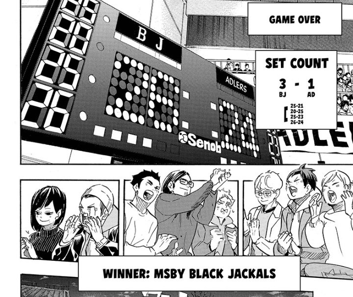 Haikyuu!! Chapter 401

The game is finally over, and despite the fact that Hinata didn't score the last point, he was still the ultimate decoy until the end. Kuroo finally showed up and we even got to see some nostalgic interactions. The greatest stage of all is waiting for them. 