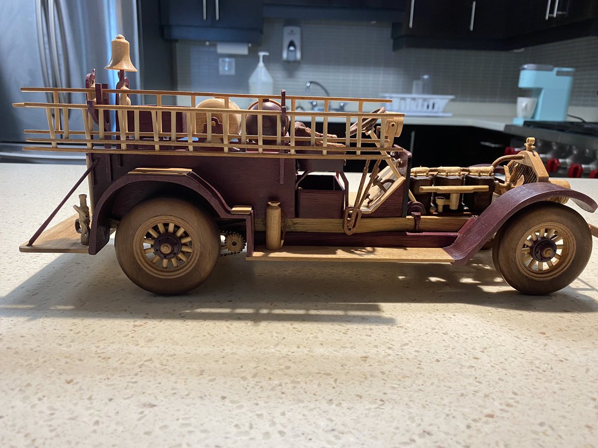 OrilliaFire's tweet photo. Last week @livingbyyyz took pictures of our apparatus including our prize 1923 Lafrance. This week one of our staff’s dad completed a wood exact scale replica. Thanks Tom Barks. Each colour is a different kind of wood. Amazing detail. #honourrespecttradition #fleetfriday https://t.co/PcLkilQ4gF
