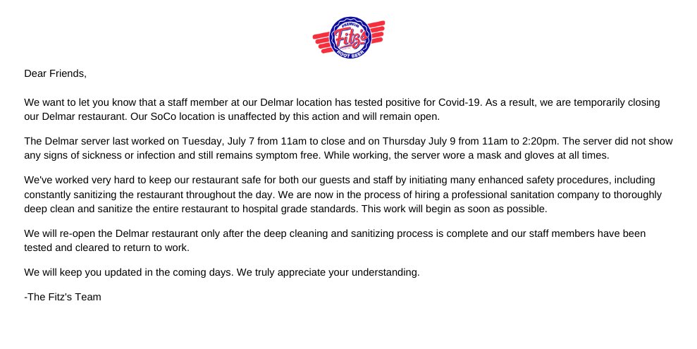 We will be temporarily closing our Delmar location, effective immediately, in order to take the time necessary to ensure the safety of our guests and employees. Please read our statement below. Thank you for your support and understanding.