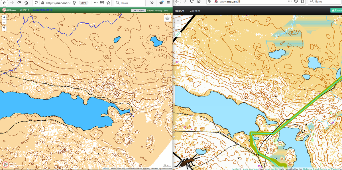 RouteGadget's tweet photo. #MapAnt no and fi versions of 
The Three-Country Cairn area near Kilpisjärvi. I wonder if @joakimsvensk is allowed to show us third and original MapAnt version of this small area? https://t.co/pdBIs6ZKNK