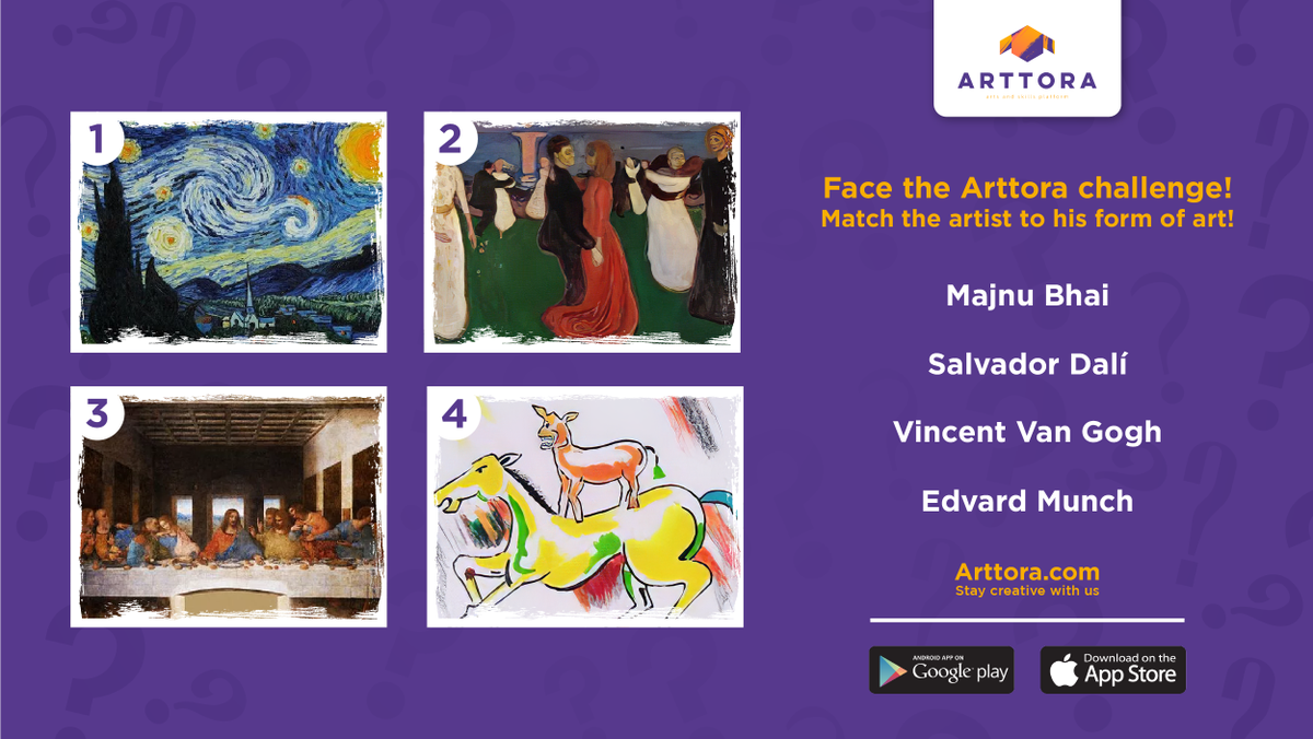Arttora_Global's tweet photo. Participate in the #ArttoraChallenge. Given are few famous artists and their different arts jumbled up. Identify the correct pair and win our hearts.
Know the answer? Go for it and reply in the comment section below.
Keep enjoying
Only with Arttora!
.
.
.
.#ContestAlert https://t.co/ieWcKsXoLC