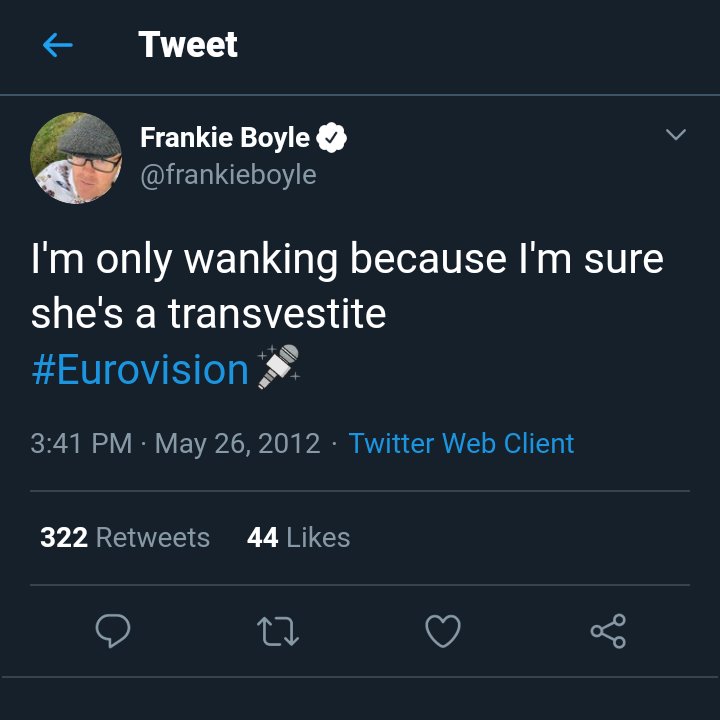 In Frankie's immortal words, may he never be  #cancelled: "Some people are so marginalized, they have to create the language that describes their oppression, but the real victim is [ #FrankieBoyle, who has to tweet  #transphobic jokes & slurs while also posing as a trans activist]."