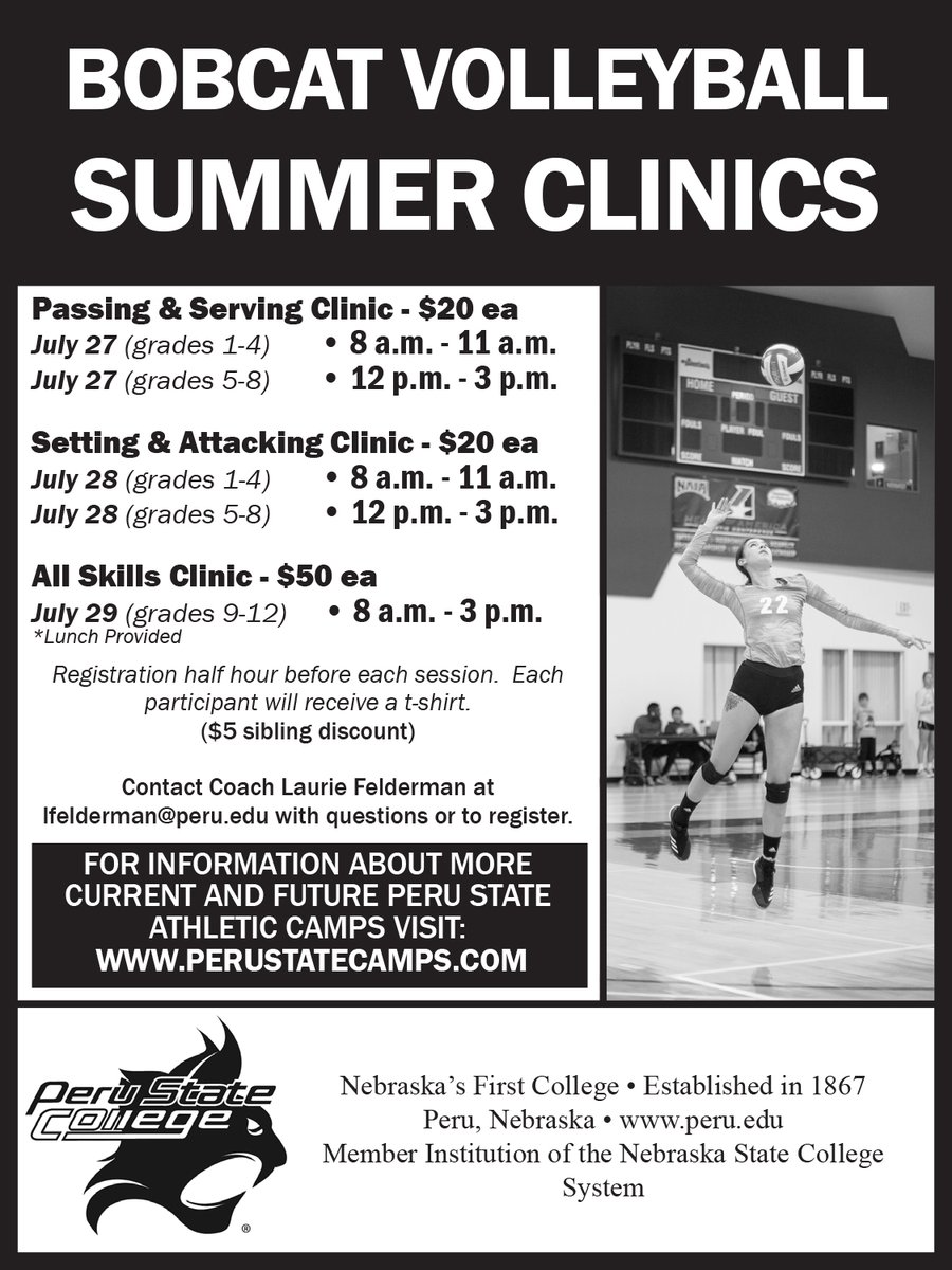 There's still plenty of time to sign up for the <a href="/PeruState/">Peru State College</a> <a href="/pscbobcats/">Peru State Athletics</a> volleyball camps! Quite a few have registered, but let's get campers here to learn new skills! #ClawsOut #PeruState153 <a href="/laneyrenae/">del</a> <a href="/BurianekHannah/">Hannah Chacin</a> <a href="/rwitt_3/">Randee Witt</a> @lexchavs